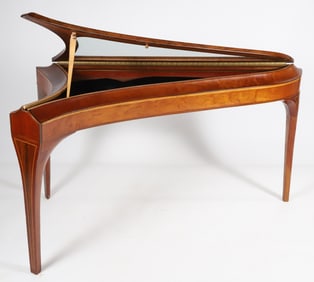Art Nouveau Multi-Wood Inlaid Piano Shaped Lift Top Showcase