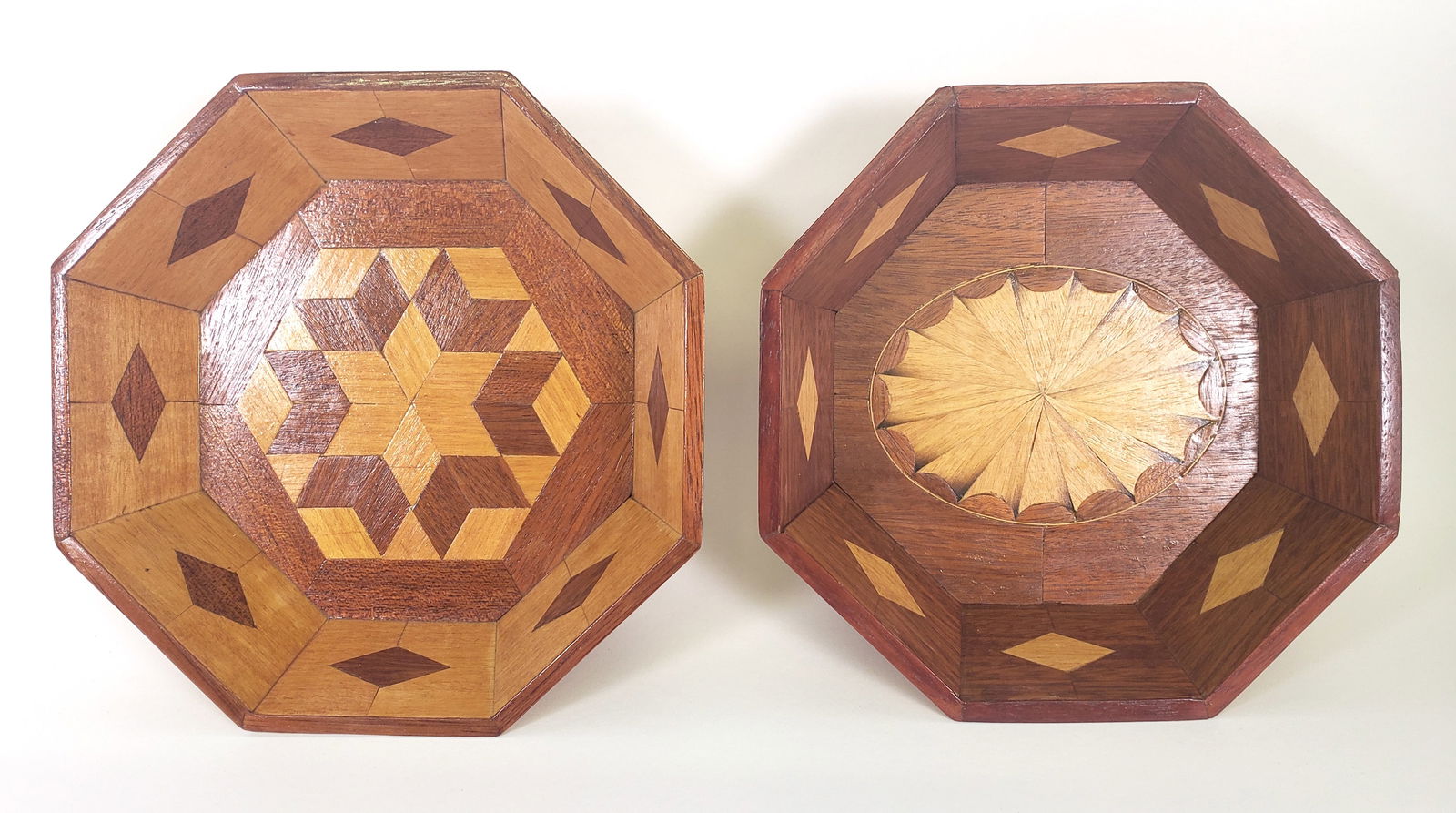 Two Vintage Octagonal Multi Wood Inlaid Bowls, 20th century (1 of 4)