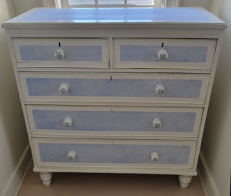 Baby Blue and White Paint Decorated Five-Drawer Tall Dresser