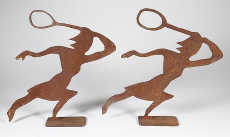 Pair of Folk Art Table Top Wrought Iron Tennis Figures
