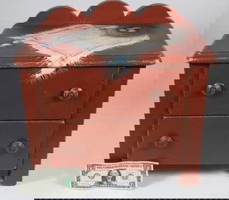 Folk Art Paint Decorated Child's Chest with Robin's Egg Nest Trompe l'oeil Decoration