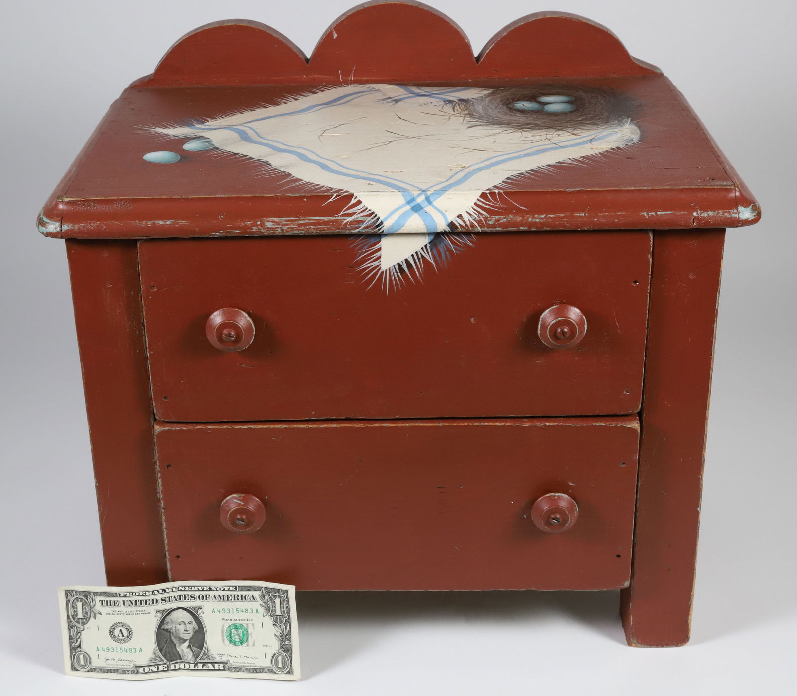 Folk Art Paint Decorated Child's Chest with Robin's Egg Nest Trompe l'oeil Decoration (1 of 7)