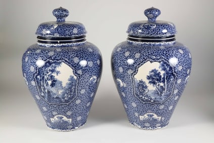 Pair of Antique Flamand Blue and White Transferware Covered Jars