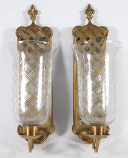 Pair of Contemporary Brass Wall Sconses with Etched Glass Shades: Pair of Contemporary Brass Wall Sconses with Etched Glass Shades Height 21 in. Width 7 in. Depth 9 in.