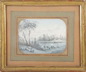Pencil and Gouache Drawing "River Landscape", 19th Century