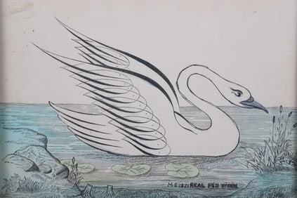Pen and Gouache on Paper "White Swan", Dated 1871 and 1874
