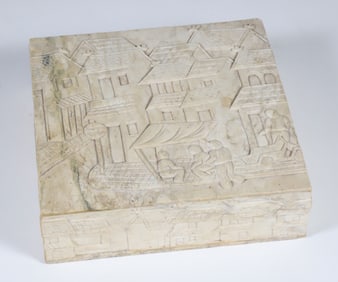 Hand Carved White Soapstone Box with Intricate Carving of a Village