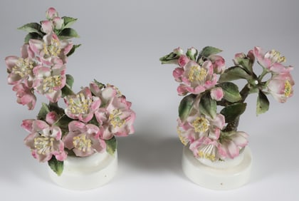 Pair of Royal Worcester Porcelain Apple Blossom and Bee Sculptures