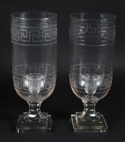 Pair of Greek Key Etched Glass Photophores
