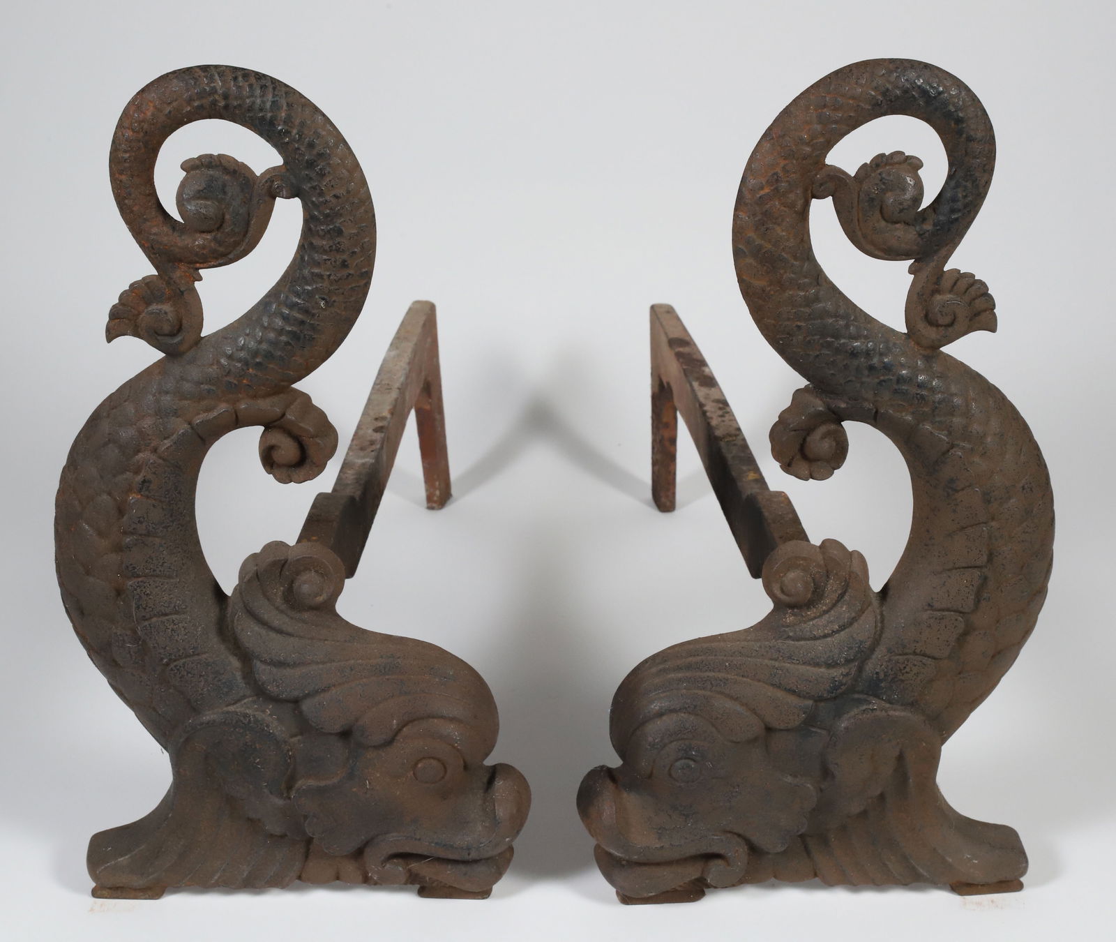 Pair of Cast Iron Bradley & Hubbard Dolphin Andirons, 19th Century: Pair of Cast Iron Bradley & Hubbard Dolphin Andirons, 19th Century 14 in. x 7 in.