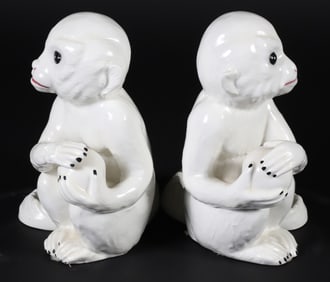 Pair of Chelsea House Blanc de Chine White Ceramic Monkeys