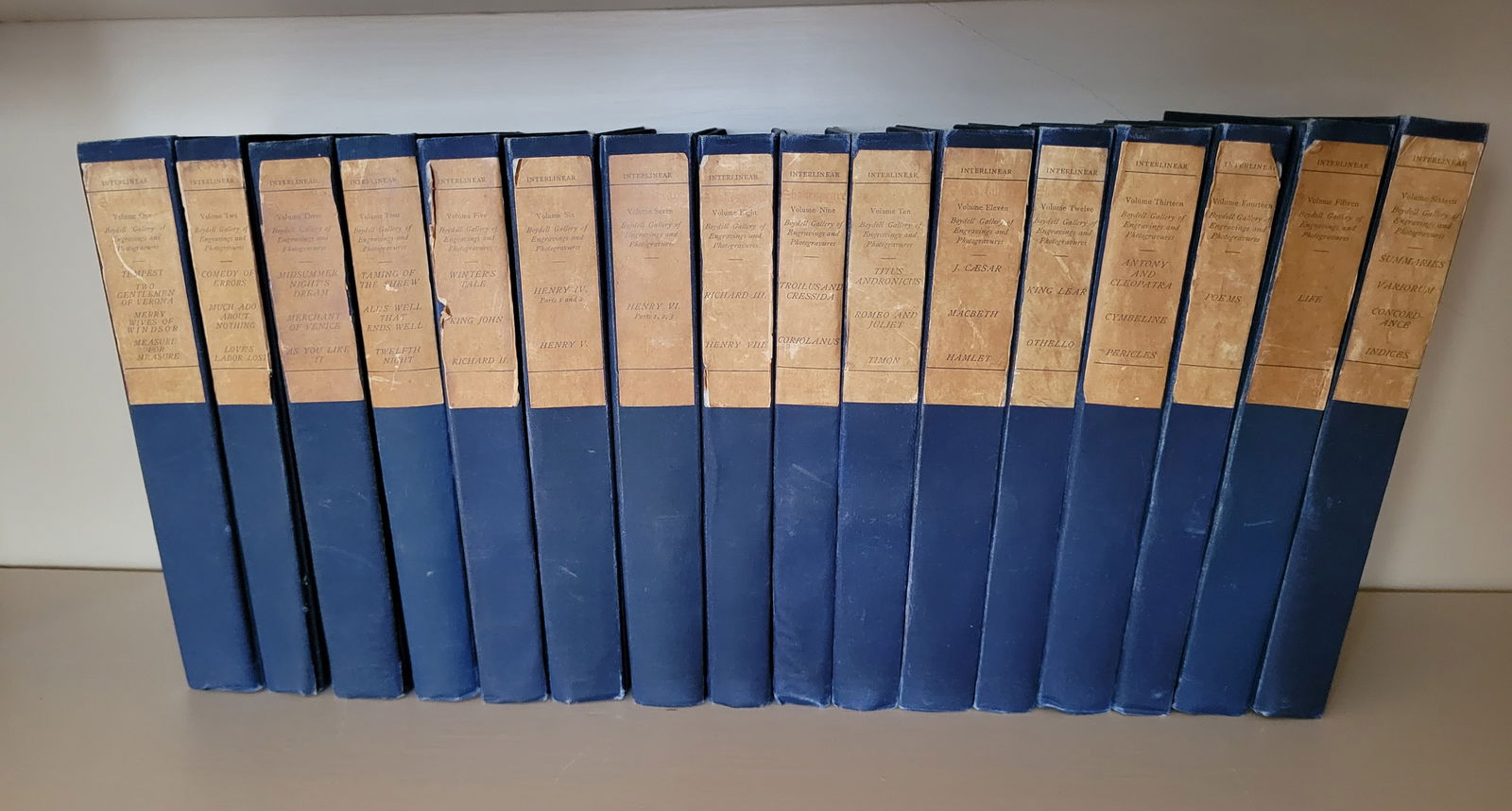 16 Volumes "The Works of William Shakespeare" the Interlinear Edition, Limited Edition #125/500: 16 Volumes "The Works of William Shakespeare" the Interlinear Edition, Limited Edition #125/500, on Japanese Vellum paper, Painted for H.E. Moller, Published George Barrie & Son, Philadelphia 1898