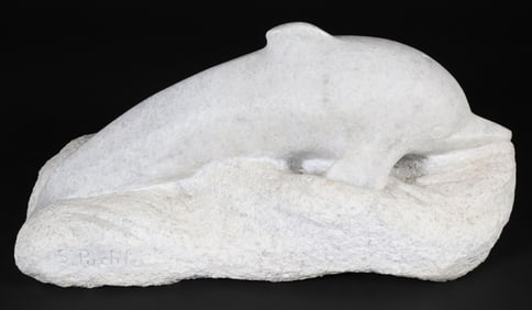 S. Puchlo Signed Carved Stone Dolphin Sculpture