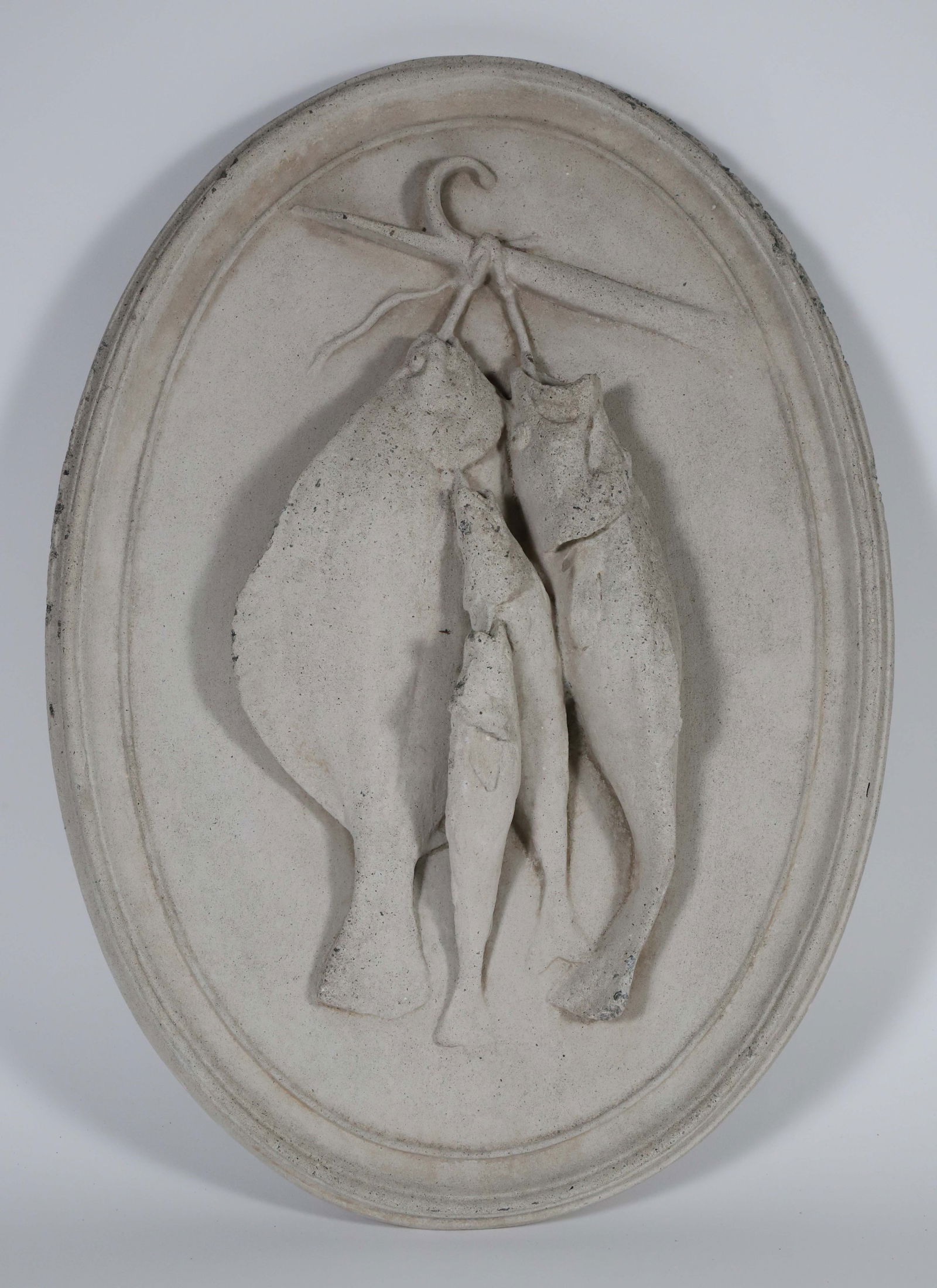 Vintage Concrete Oval Fish Hanging Plaque: Vintage Concrete Oval Fish Hanging Plaque 20 in. x 15 in. Provenance: The Estate of Joly Walton Stewart, Shimmo Pond Road, Nantucket Island, Massachusetts