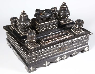 Anglo Indian Antique Ebony and Bone Inlaid Inkstand, 19th Century