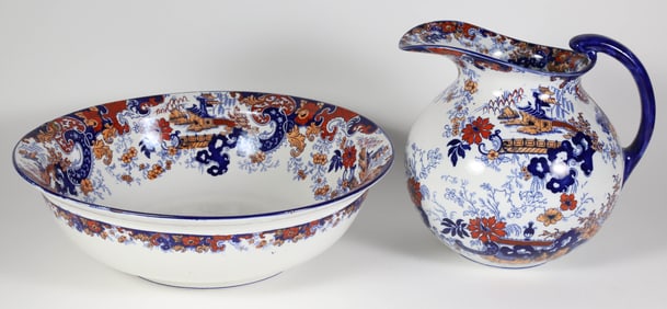 English Colored Ironstone Pitcher and Basin, 19th Century