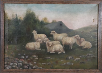 Antique Oil on Canvas "Pastoral Landscape with Sheep"