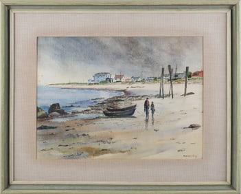 Mildred S. Kratz Watercolor on Paper "Fishing at the Shore"