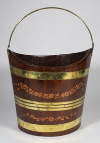 English Inlaid Mahogany and Brass Banded Peat Bucket, 19th Century
