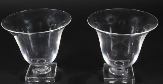 Pair of Signed Steuben Glass Urns on Square Plinths