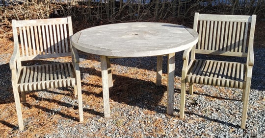 Round Teakwood Breakfast Table and Two Armchairs