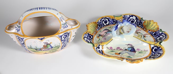Two Pieces of Vintage Quimper Including a Canape Dish and Flower Basket
