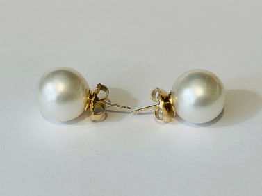 Fine Pair of 14mm White South Sea Pearl Earrings, 14k Gold
