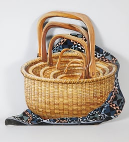 Linda Carnegie Decorative Painted "Lightship Baskets - Amish Quilt" Fireboard