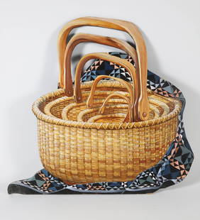Linda Carnegie Decorative Painted "Lightship Baskets - Amish Quilt" Fireboard: Linda Carnegie (American Contemporary) Decorative Painted "Lightship Baskets - Amish Quilt" Fireboard, signed on reverse Carnegie, 1984 Overall 20 in. x 20 in. Provenance: Collection of Susan Akers,