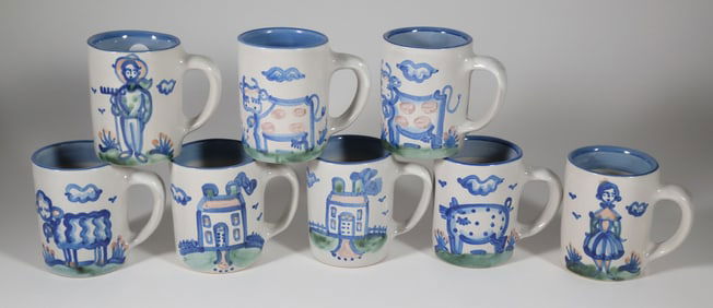 Set of Eight M.A. Hadley Hand Painted Ceramic Coffee Mugs