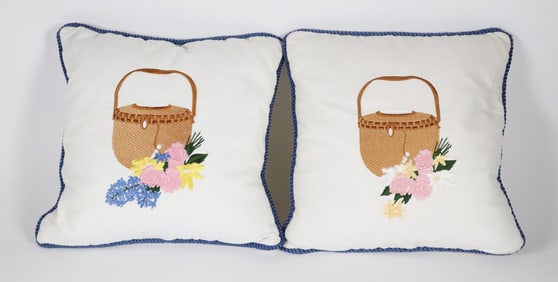 Pair of Nantucket Friendship Basket Needlepoint Embroidered Pillows