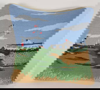 Nantucket's Sankaty Golf Club Needlepoint Pillow: Nantucket's Sankaty Golf Club Needlepoint Pillow 13 in. x 13 in. Provenance: Collection of Susan Akers, 7 Pleasant Street, Nantucket Island, Massachusetts