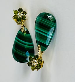 Pair of Malachite, Green Topaz and Diamond Pendant Earrings