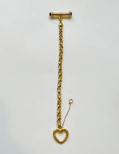 14K Yellow Gold Heart and Bar Link Bracelet: 14K Yellow Gold Heart and Bar Link Bracelet, heart and bar toggle clasp, the bar set with cabochon stones, stamped J.R.G. Length 8 in. 10.69 dwt Provenance: The Estate of Jean M. Valerio, Wellesley,