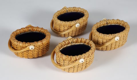 Four Paul Willer Nantucket Baskets Open Salts with Cobalt Liners