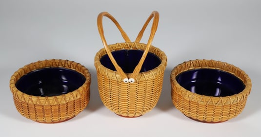 Three Paul Willer Cobalt Lined Nantucket Baskets