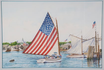 John Hutchinson Watercolor on Paper "4th of July Sailing in Nantucket Harbor"