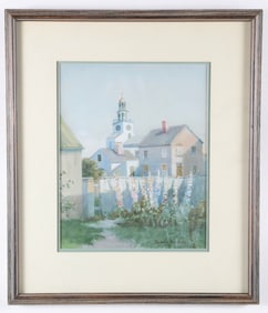 Reuben Winslow Vintage Watercolor "Hollyhocks and Unitarian Church Tower in Distance"
