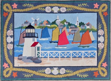 Claire Murray Hooked Rug Depicting Brant Point Nantucket with Rainbow Fleet