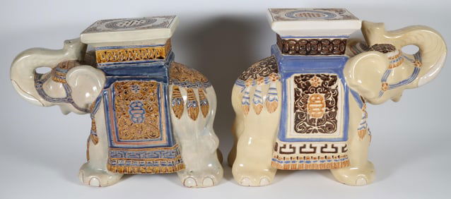 Vintage Pair of Ceramic Trumpeting Elephant Garden Stool End Tables