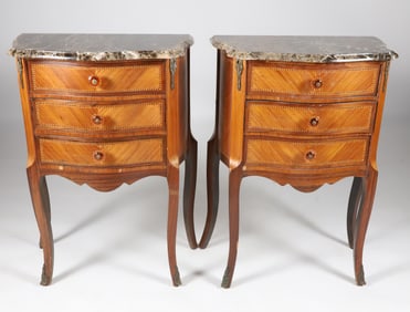 Pair of Italian Louis XV Style Marquetry Marble Top Bedside Three Drawer Night Stands