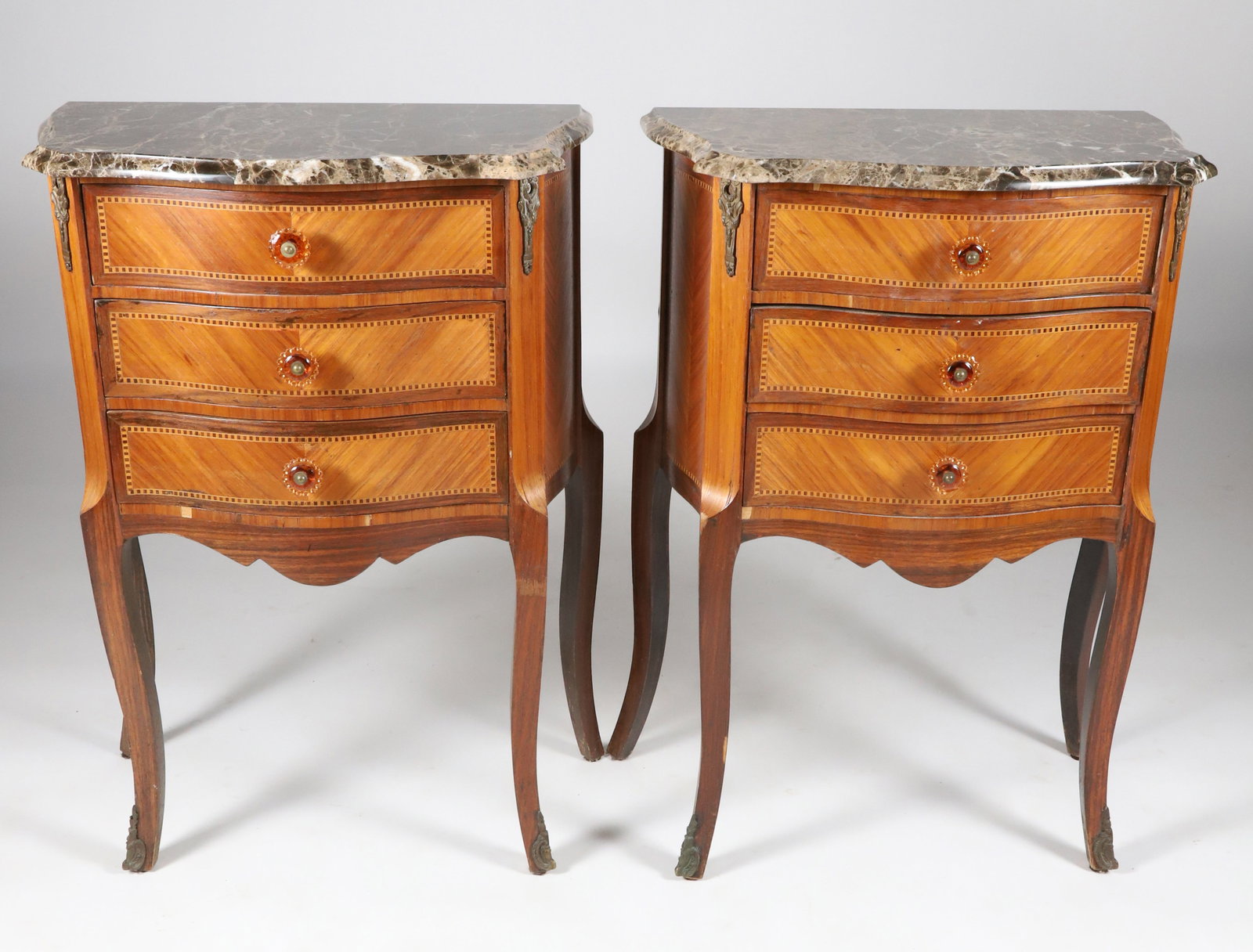 Pair of Italian Louis XV Style Marquetry Marble Top Bedside Three Drawer Night Stands (1 of 8)