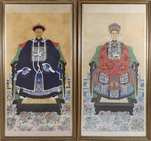Pair of Antique Chinese Export Hand Painted Watercolor Portraits of Emperor and Empress