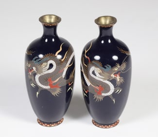 Pair of Vintage Japanese Cloisonne Enamel Vases, Meiji Period