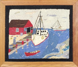 Antique Pictorial Fishermans Wharf Hooked Rug Carpet, circa 1920s