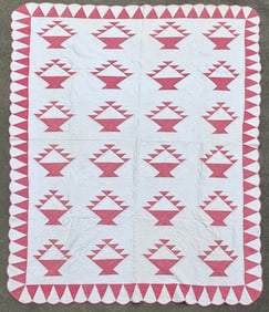Vintage Rouge Calico Patchwork Basket Quilt, circa 1930s