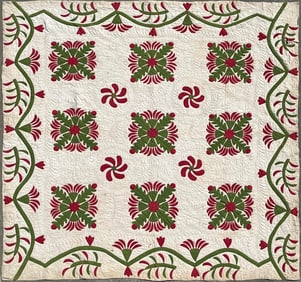 Civil War Era Red and Green Floral Applique Quilt, Mid 19th Century