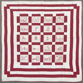 Vintage Little Red Riding Hood and the Three Bears Red and White Embroidered Quilt, circa 1930s