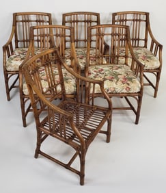 Set of Six McGuire Organic Bamboo Leather and Rattan Arm Chairs