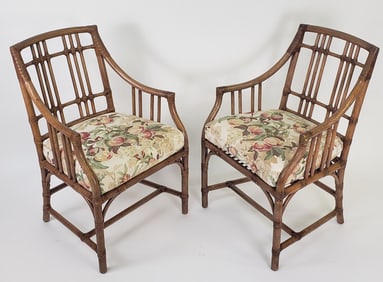 Pair of McGuire Organic Bamboo Leather and Rattan Arm Chairs